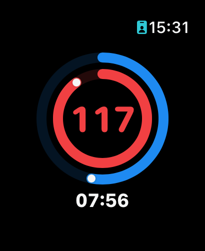 Circular progress indicators, blue for preset time and red for heart rate